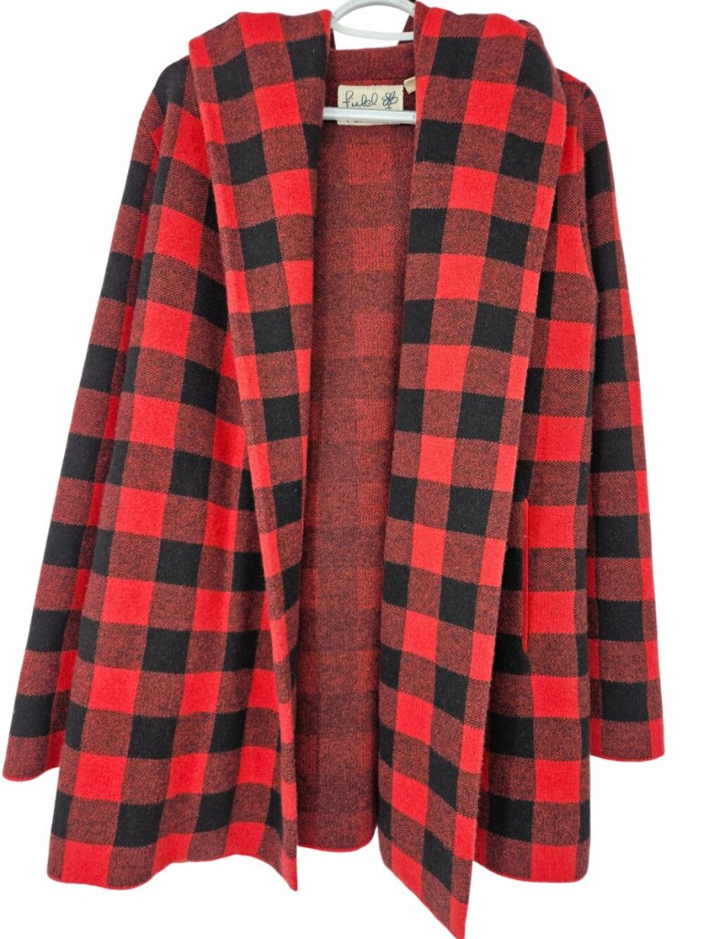 Anthropologie Field Flower Buffalo Plaid Hooded Cardigan Red Womens Size XS Wool - Picture 3 of 13